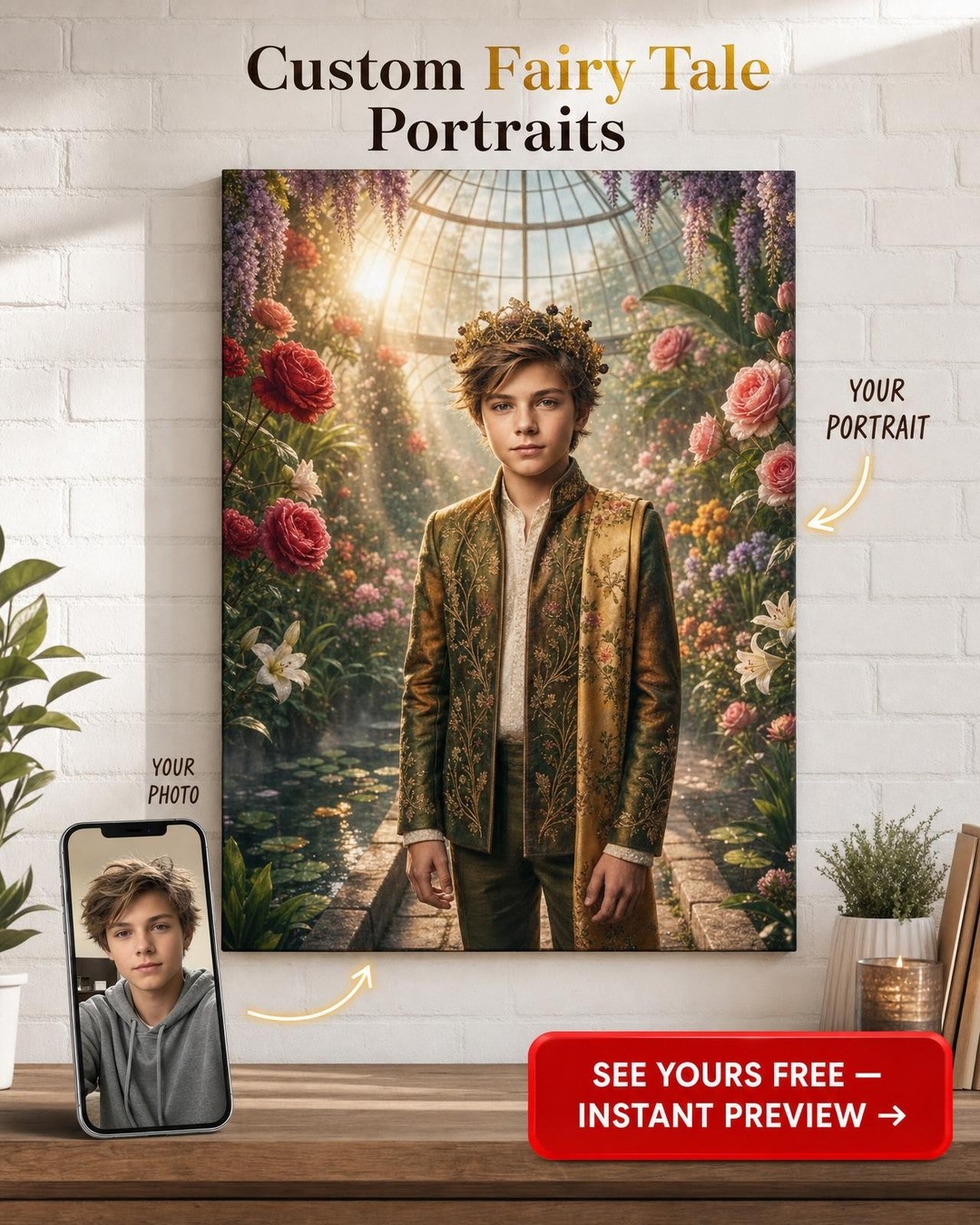 Custom Royal Boy Portrait — Regal Garden Canvas from Photo