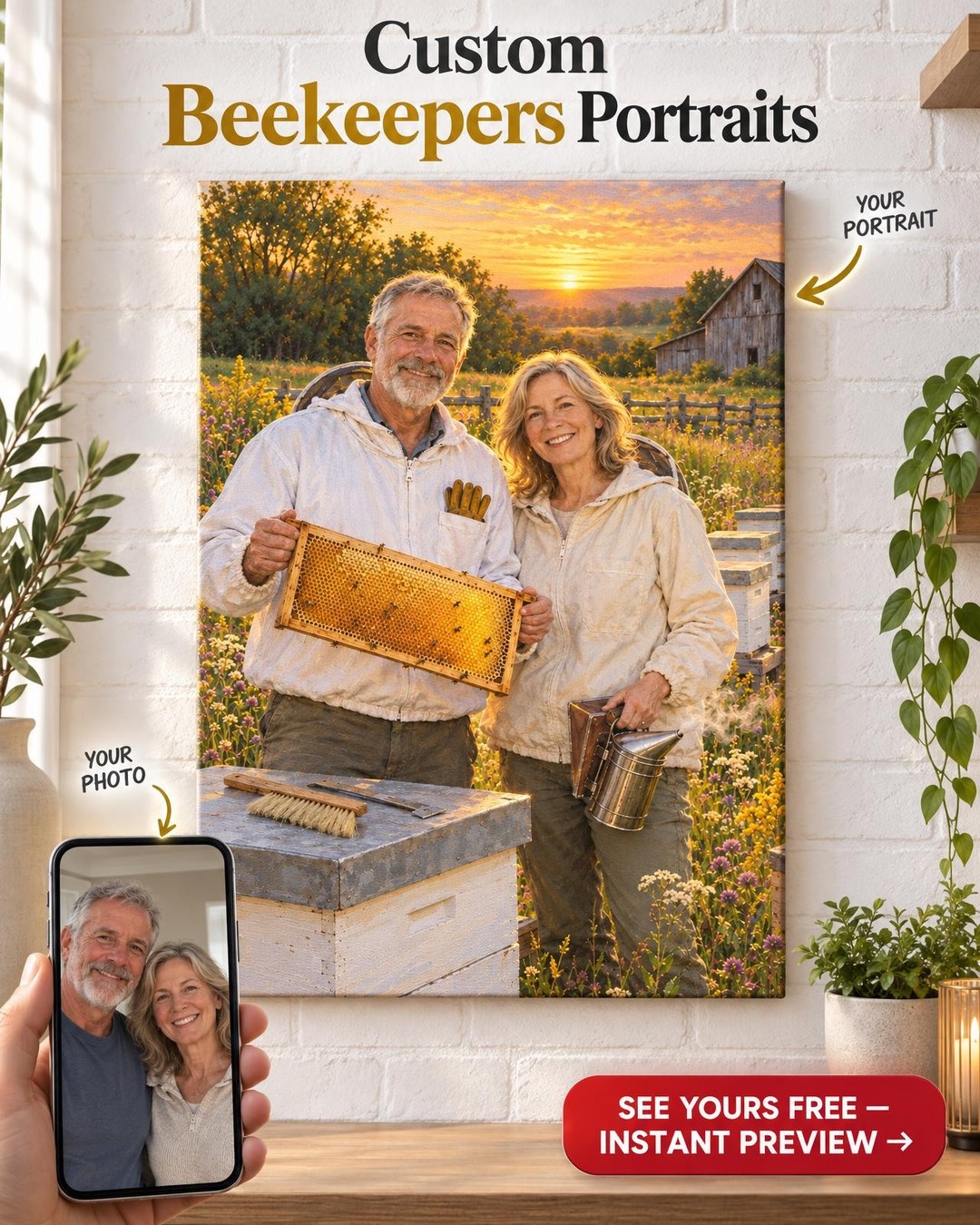 Golden Hour at the Hives Custom Portrait from Photo | Personalized Beekeeping Gift