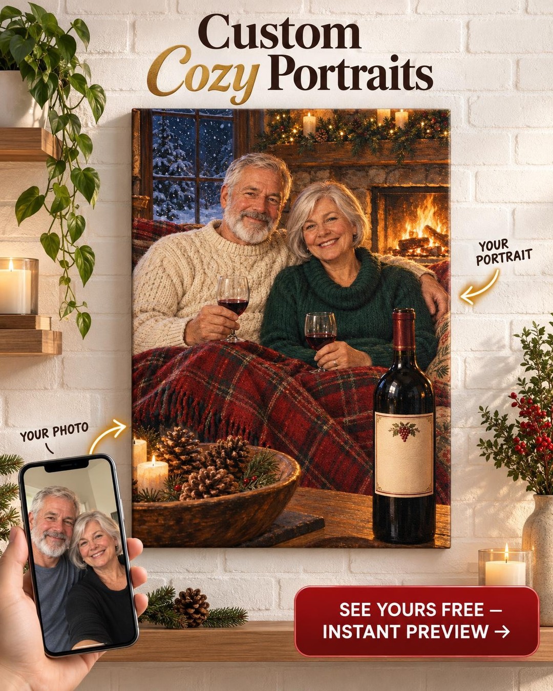 Fireside Winter Evening Custom Portrait from Photo | Personalized Vineyard Romance Gift