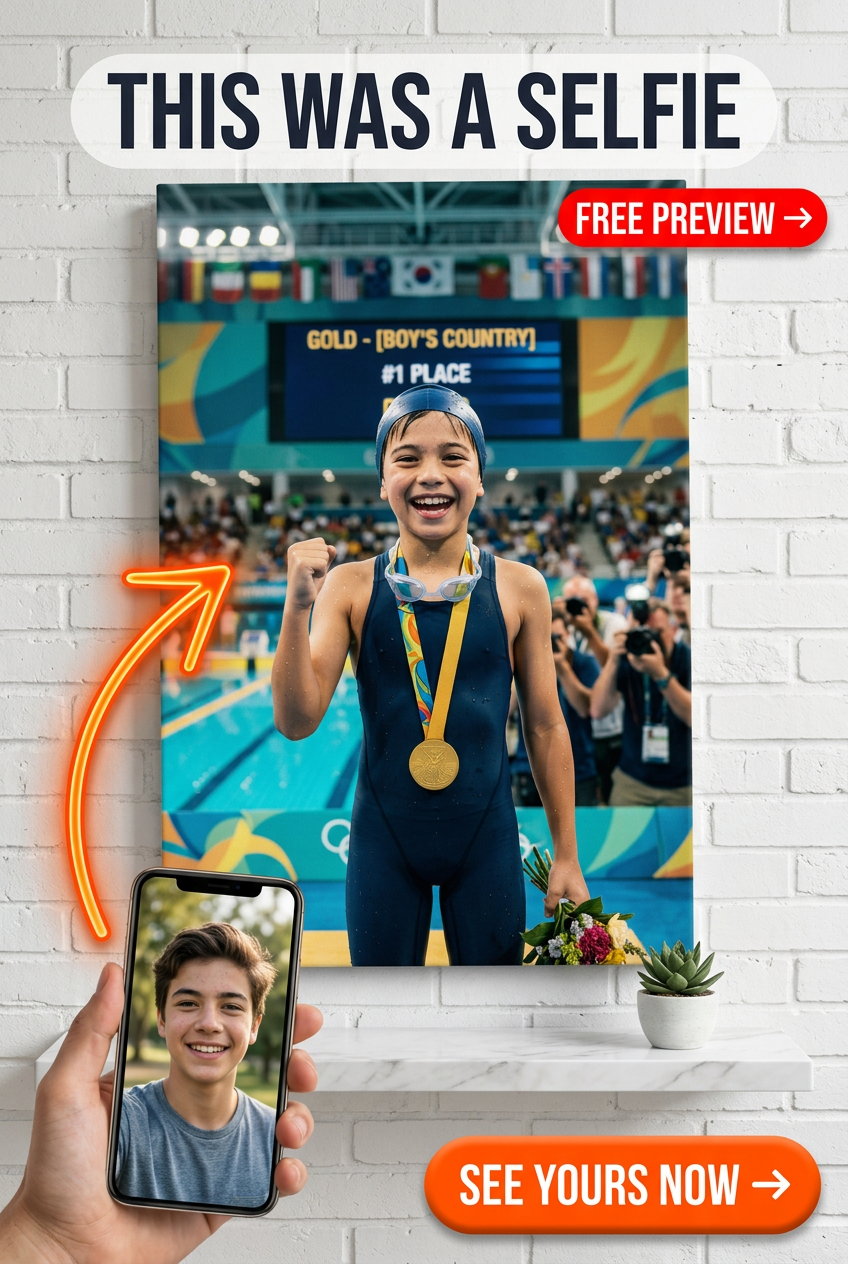 Custom Kids Sports Portrait — Heroic Swimming Champion Canvas