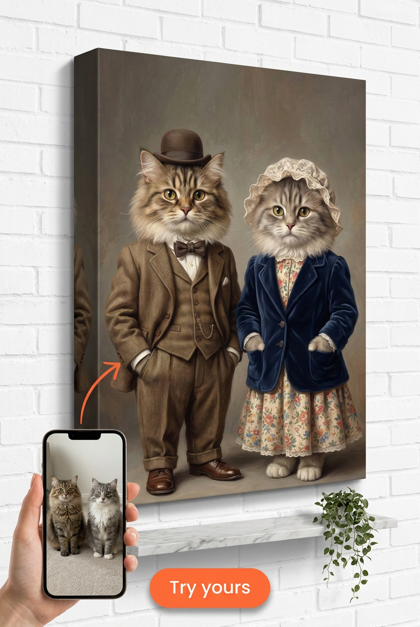 Custom Victorian Cat Portrait — Festive Multi-Pet Canvas Art