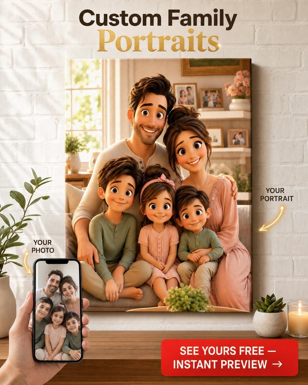 Custom Pixar-Style Family Portrait — Whimsical Cartoon Canvas from Photo