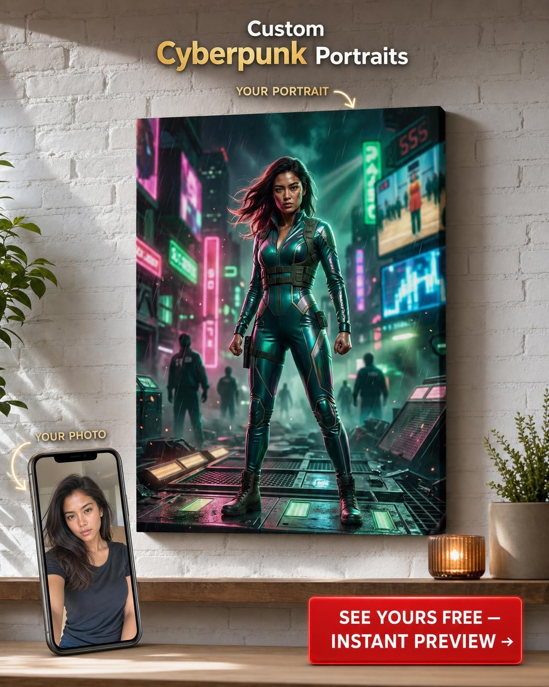 Custom Cyberpunk Single Man Portrait — Heroic Neon Canvas for Woman
