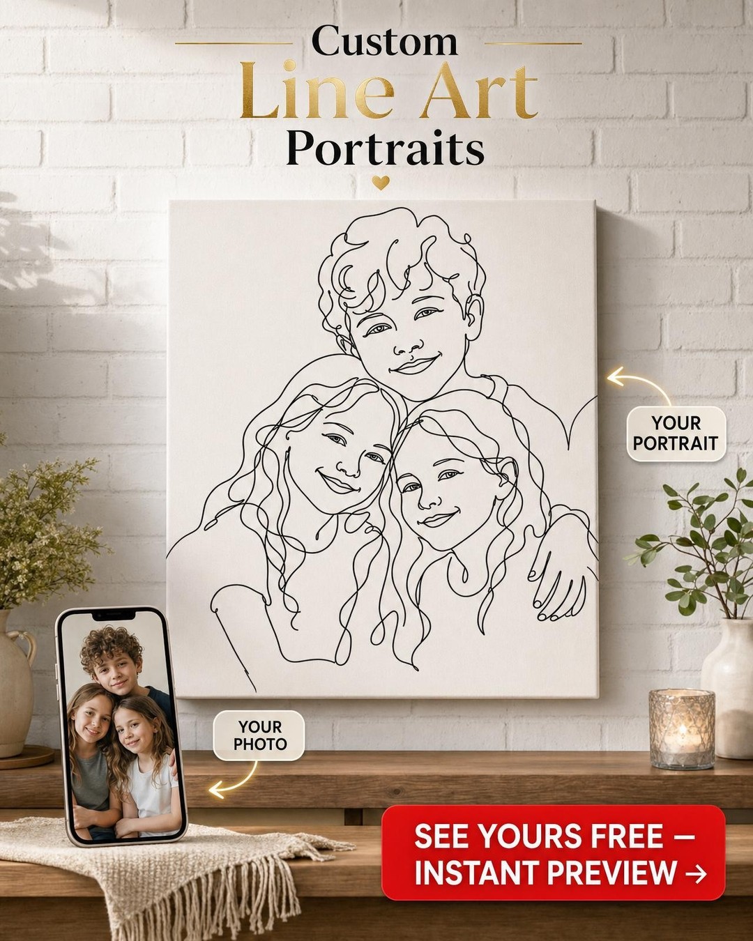 Custom Line Drawing Family Portrait — Whimsical Canvas from Photo