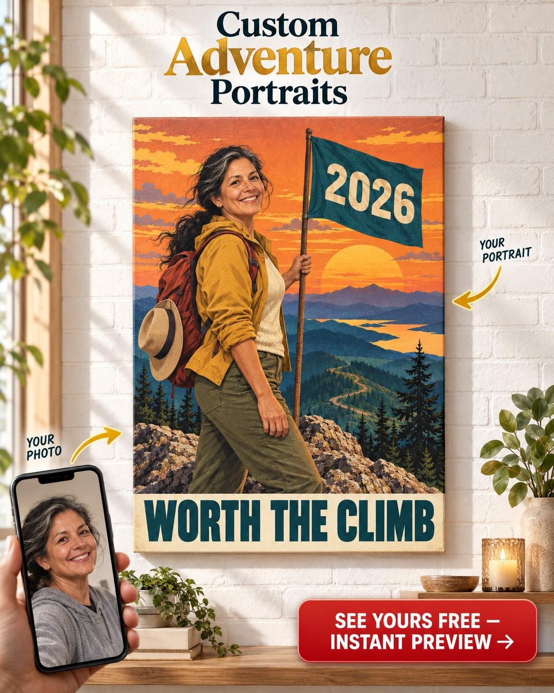 Vintage Summit Poster Custom Portrait from Photo | Personalized Summit Portrait Gift