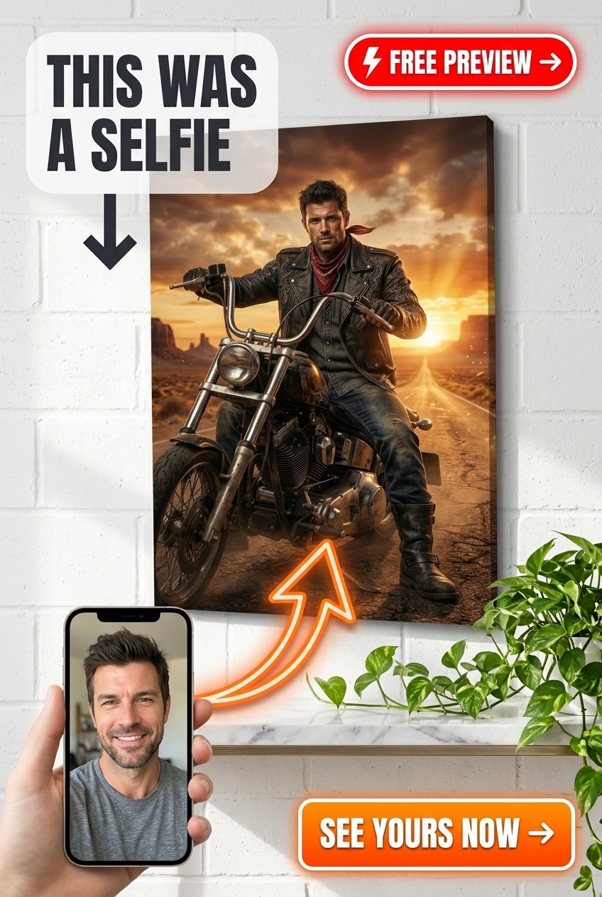 Custom Cowboy Man Portrait — Heroic Motorcycle Sunset Canvas