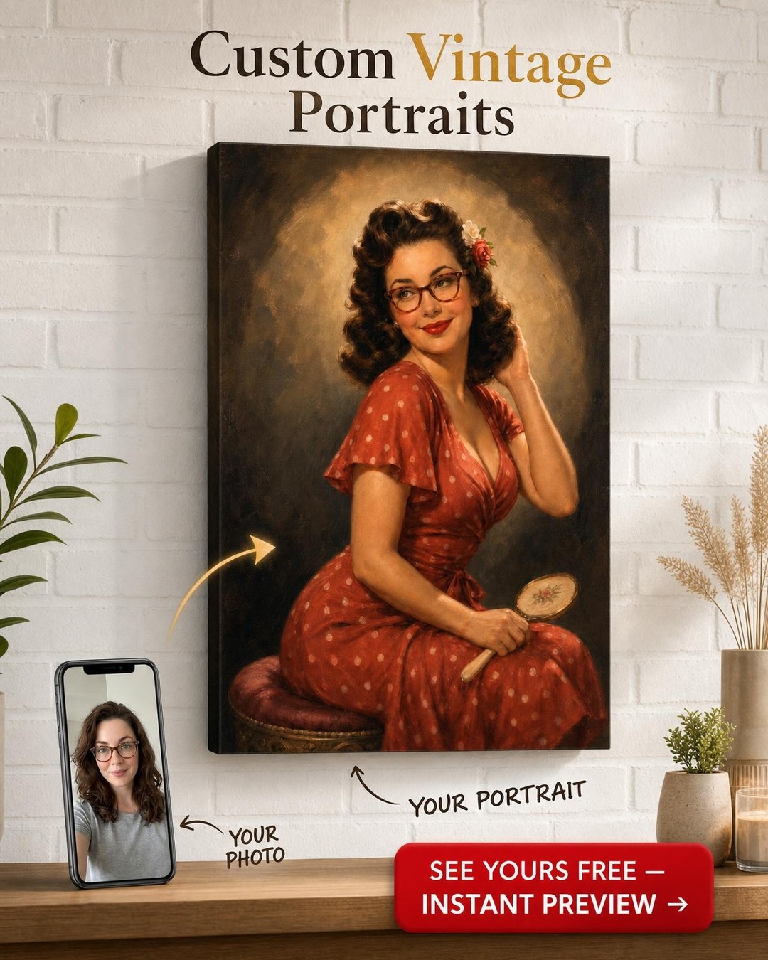 Custom 1940s Hollywood Pin-Up Vanity Portrait from Photo | Personalized Canvas Gift