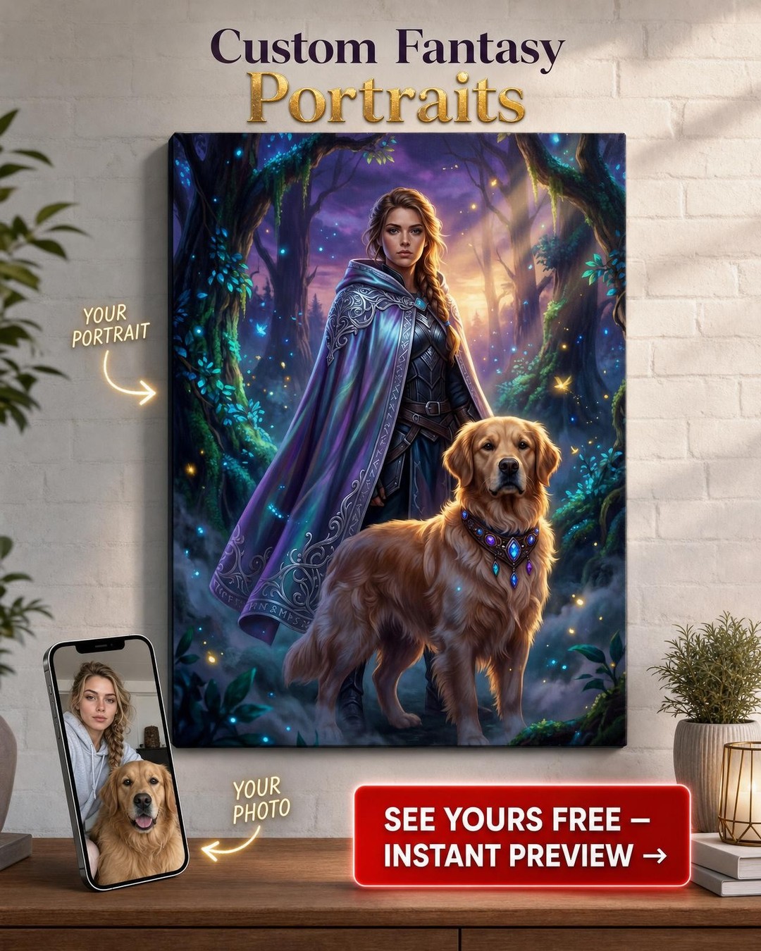 Custom Fantasy Woman Portrait — Whimsical Forest Canvas from Photo