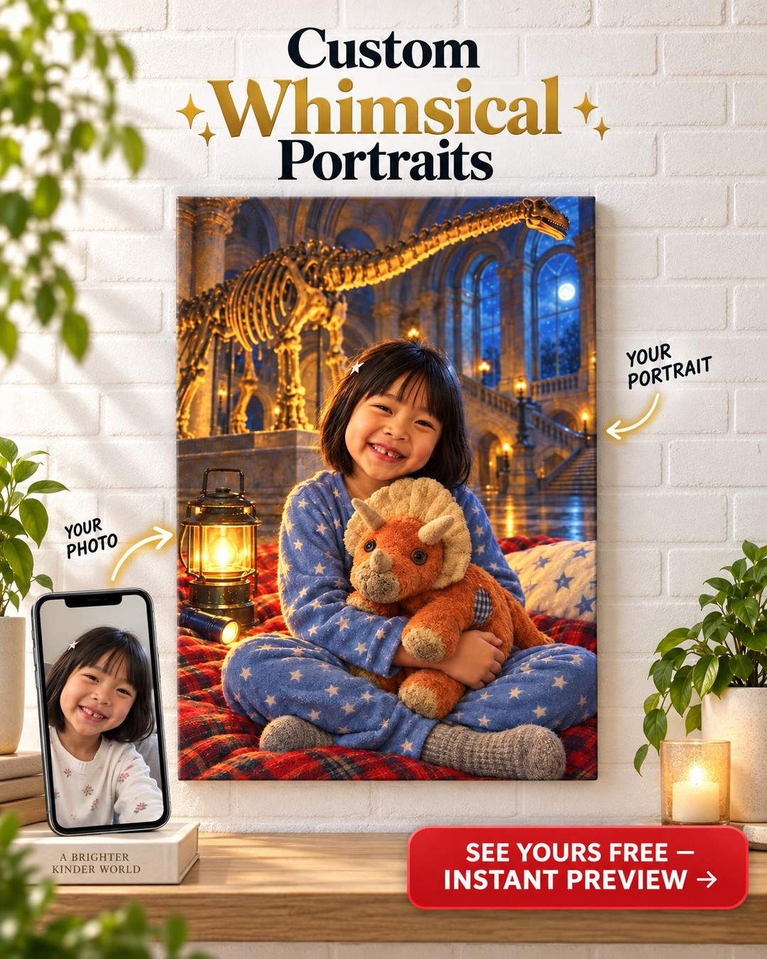 Museum Sleepover Dinosaur Custom Portrait from Photo | Personalized Dinosaur Gift