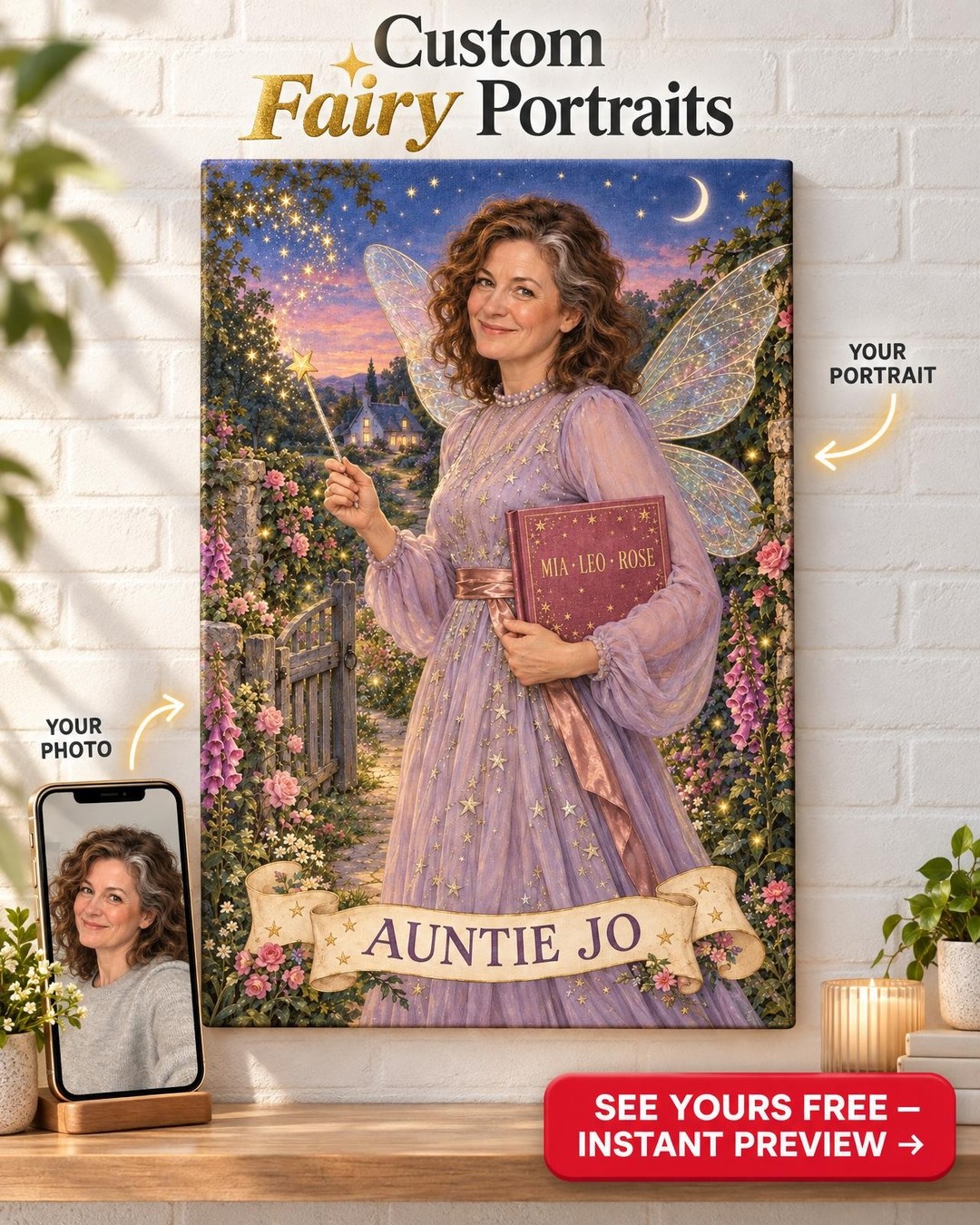 Fairy Godmother Custom Portrait from Photo | Personalized Canvas Gift