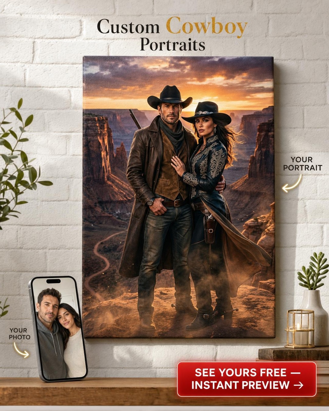 Custom Cowboy Couple Portrait — Romantic Western Canvas