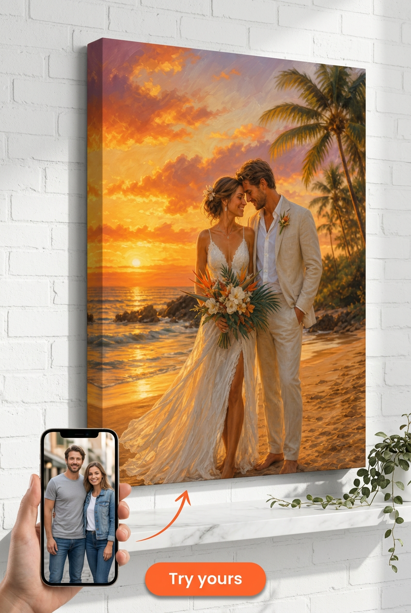 Custom Wedding Couple Portrait — Romantic Beach Sunset Canvas