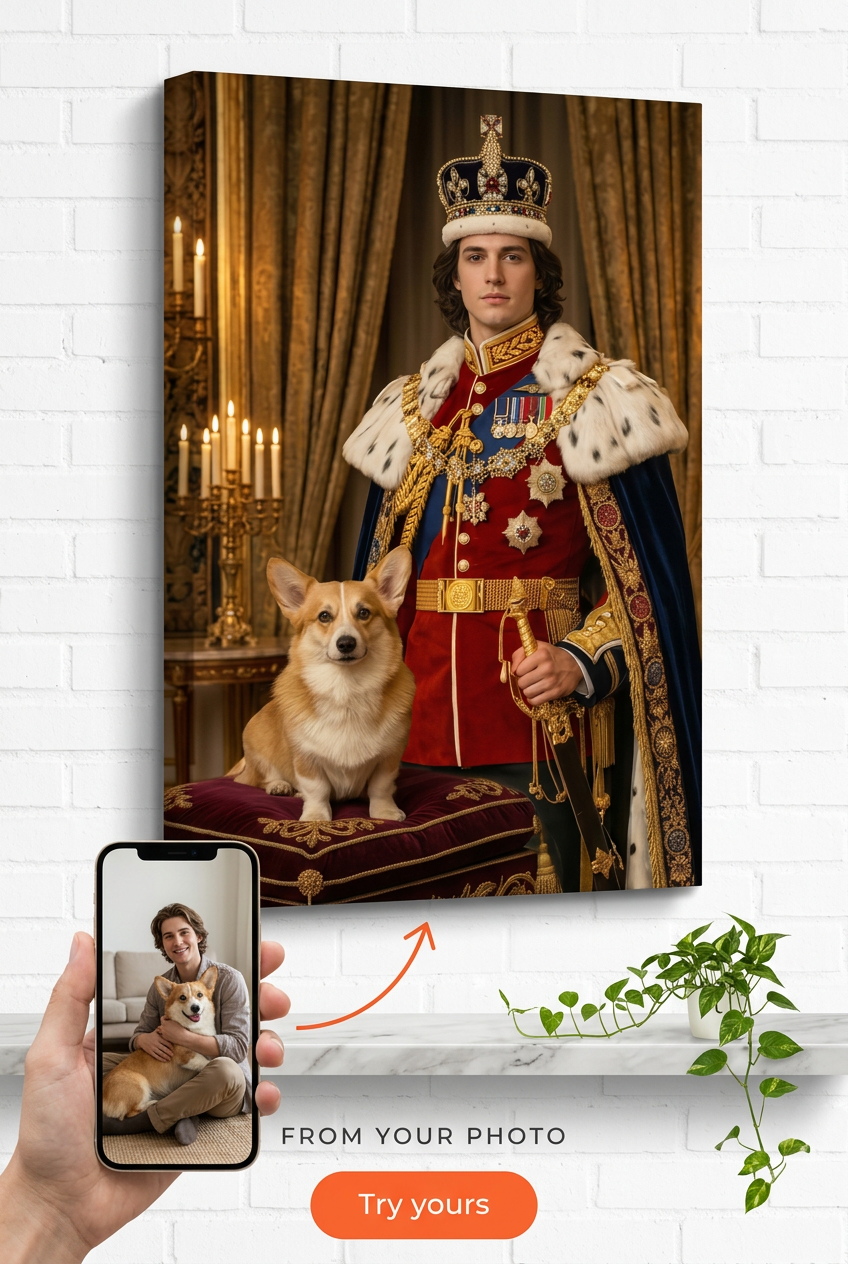 Custom Royal Pet Portrait — Regal Corgi Canvas from Photo