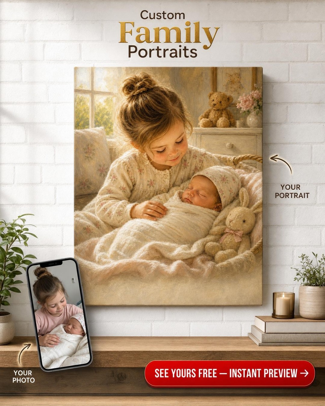 Sibling Welcomes Newborn Portrait — AI-regenerated portrait personalized with na