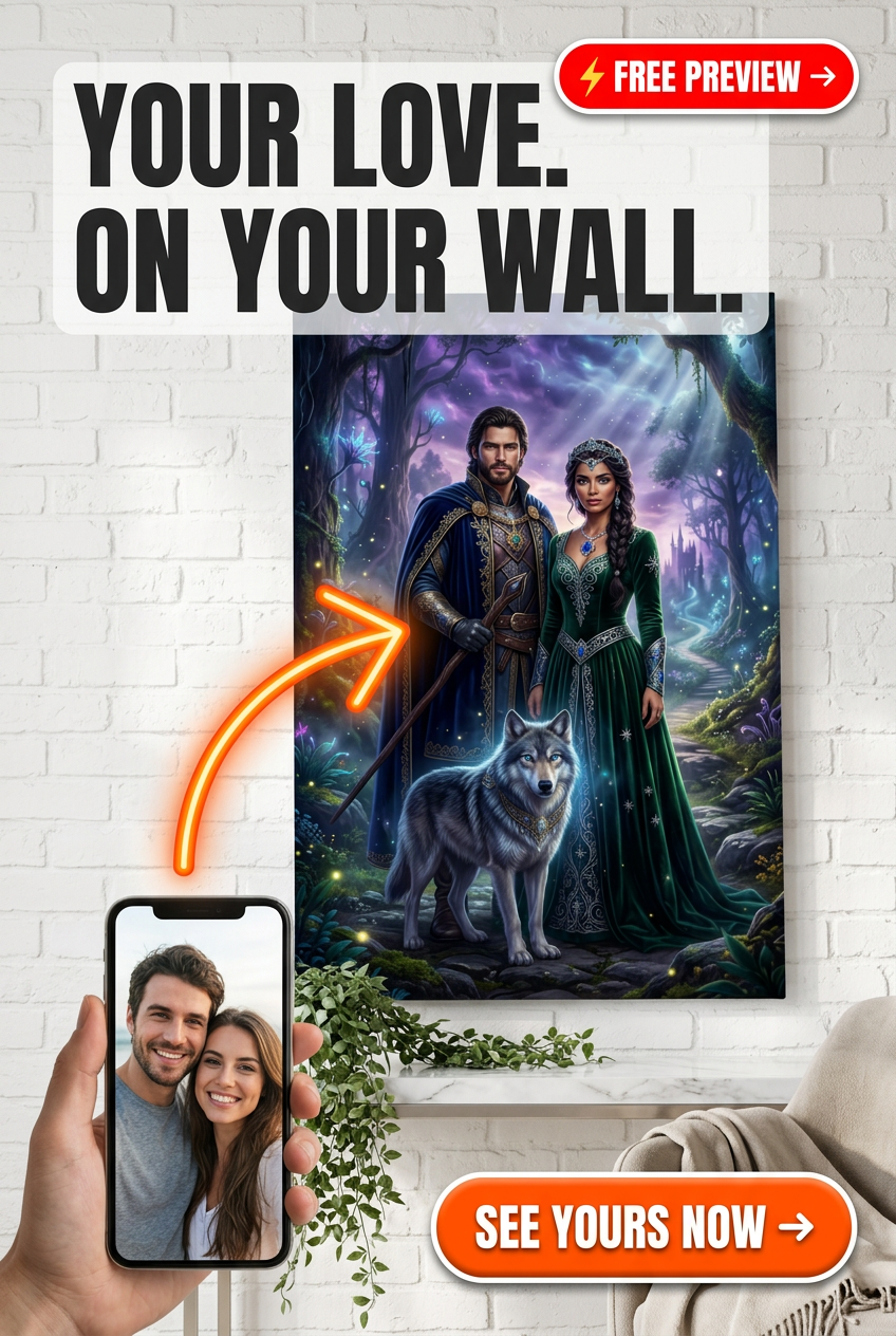 Custom Fantasy Couple Portrait — Romantic Wolf & Magic Canvas