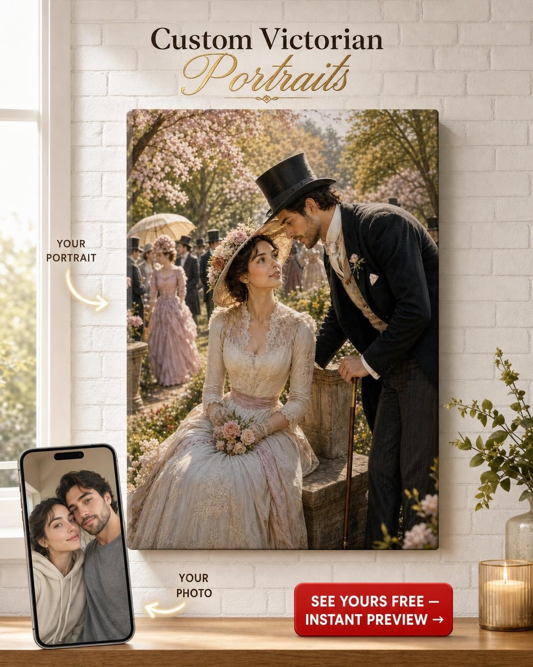 Victorian Garden Courtship Custom Portrait from Photo | Personalized Gift