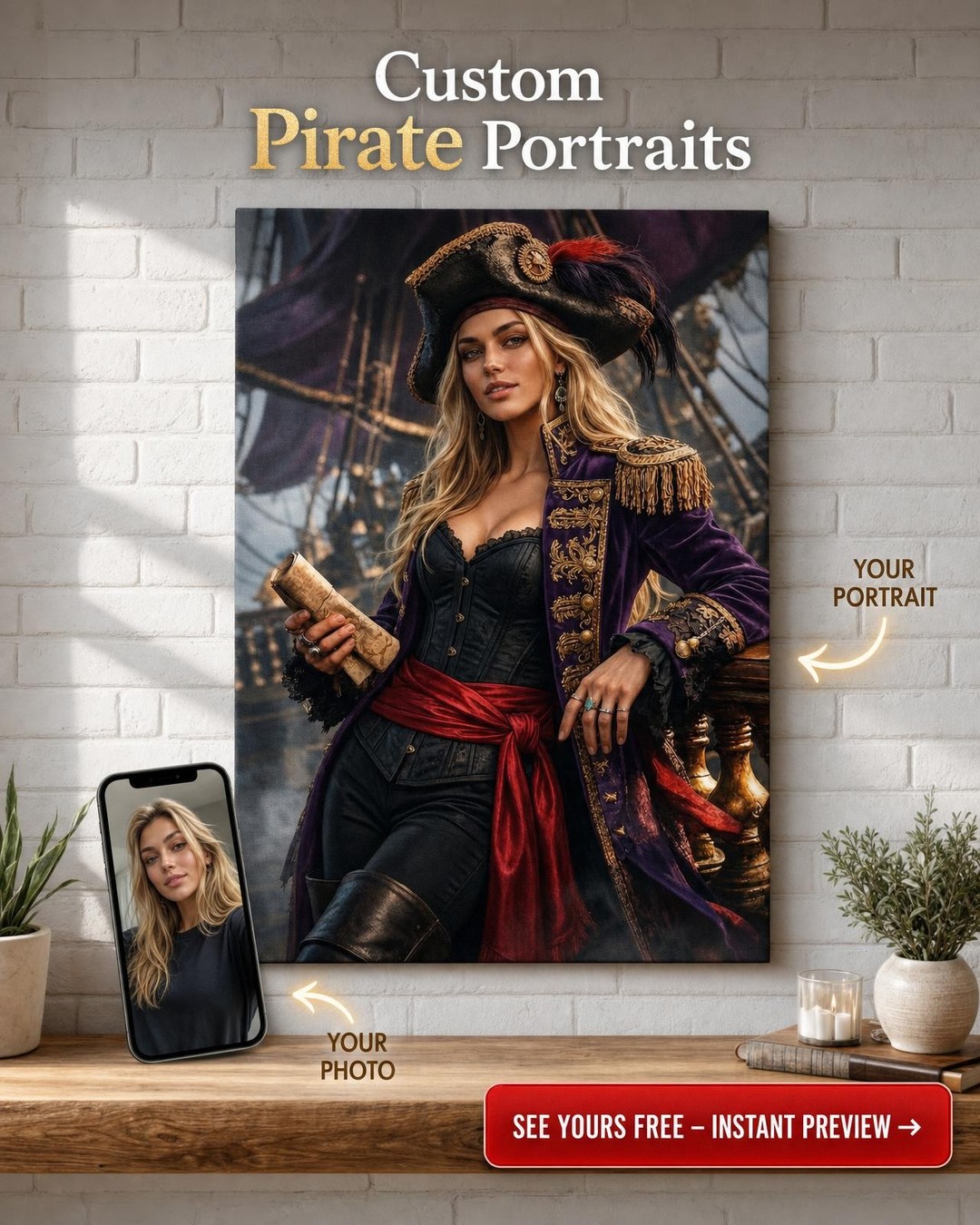 Custom Pirate Woman Portrait — Heroic Canvas