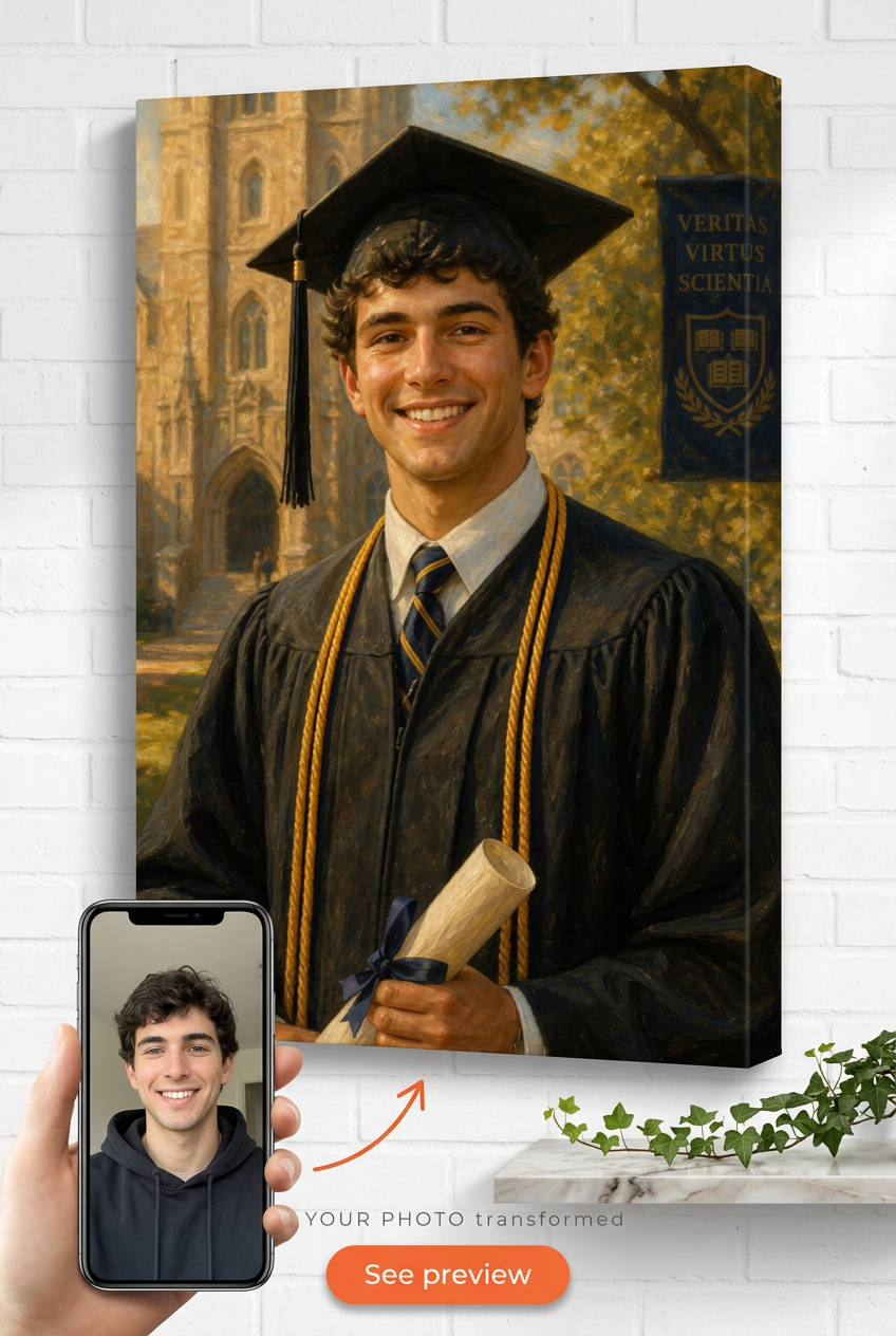 Custom Graduation Woman Portrait — Heroic Academic Canvas from Photo