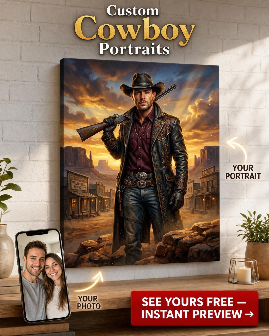 Custom cowboy portrait on canvas — a man in a western hat and duster painted from a photo against a desert sky