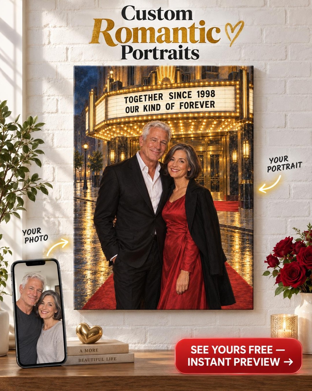 Together Since Theatre Marquee Custom Portrait from Photo | Personalized Found Love Gift