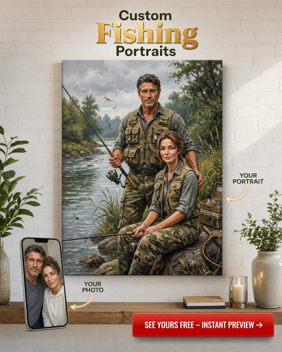 Fishing Couple Custom Portrait from Photo | Personalized Canvas Gift