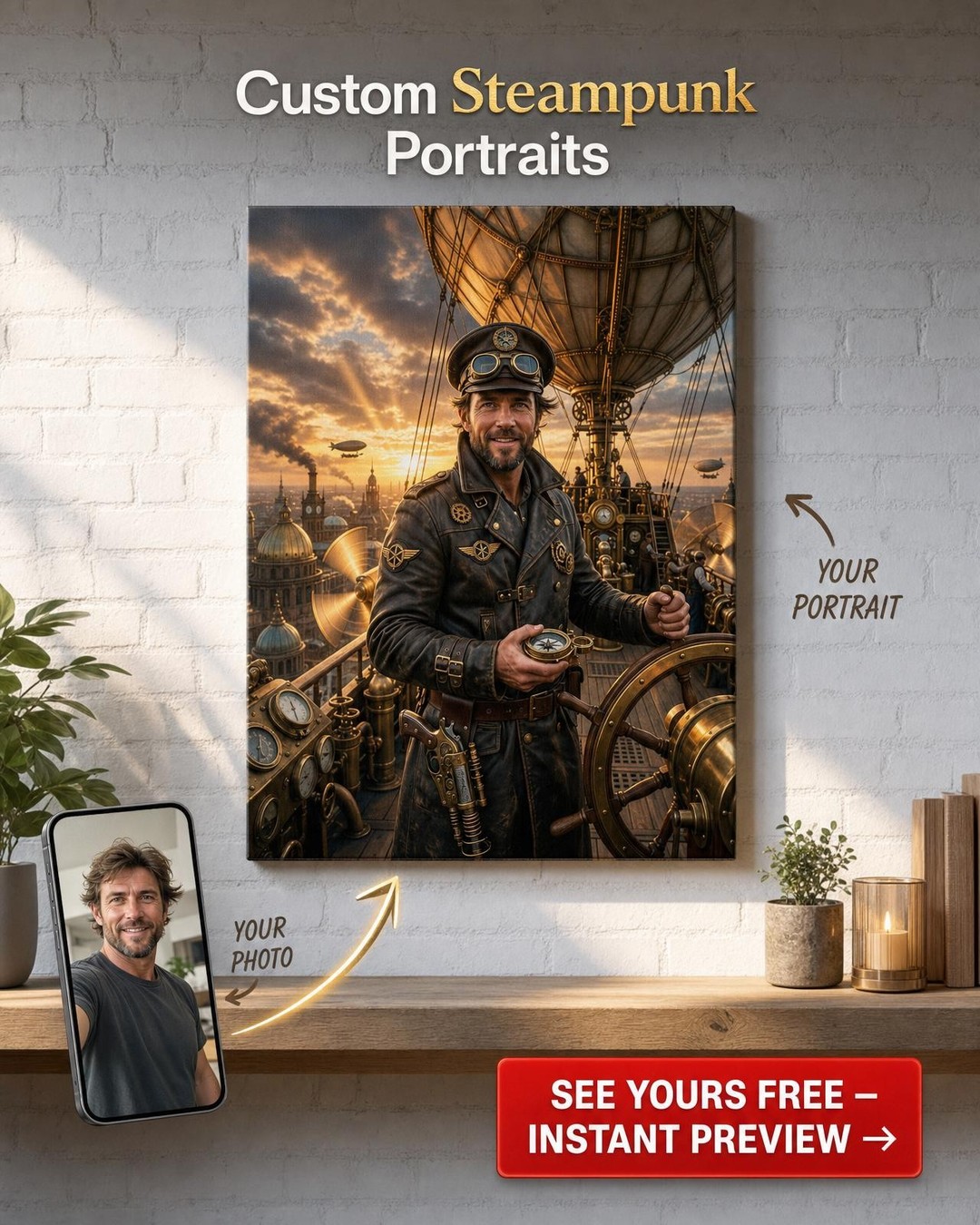 Custom Steampunk Man Portrait — Heroic Airship Captain Canvas