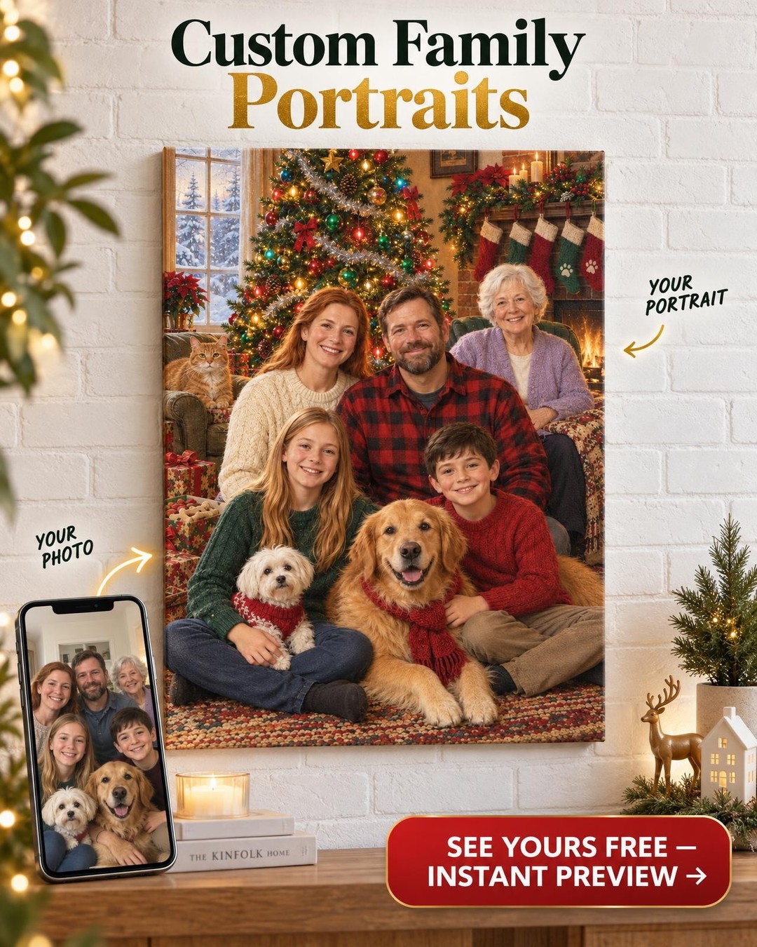 The Whole Pack: Family and Pets Christmas Portrait from Photo | Personalized Christmas Portrait Gift