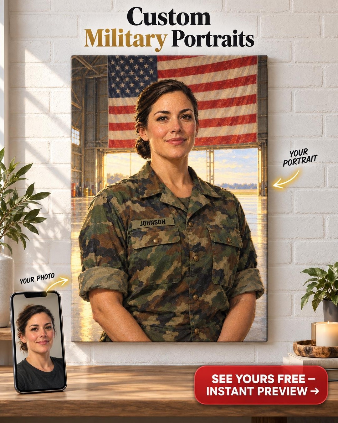 Woman Veteran Name Tape Camo Custom Portrait from Photo