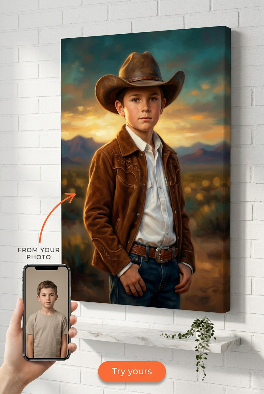 Custom Cowboy Portrait for Boys — Heroic Western Canvas Art