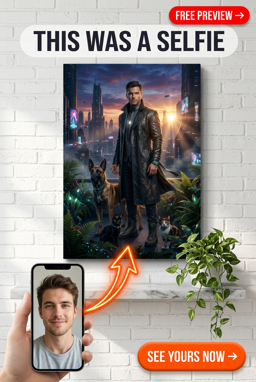 Custom Cyberpunk Man Portrait — Heroic Cityscape Canvas from Photo