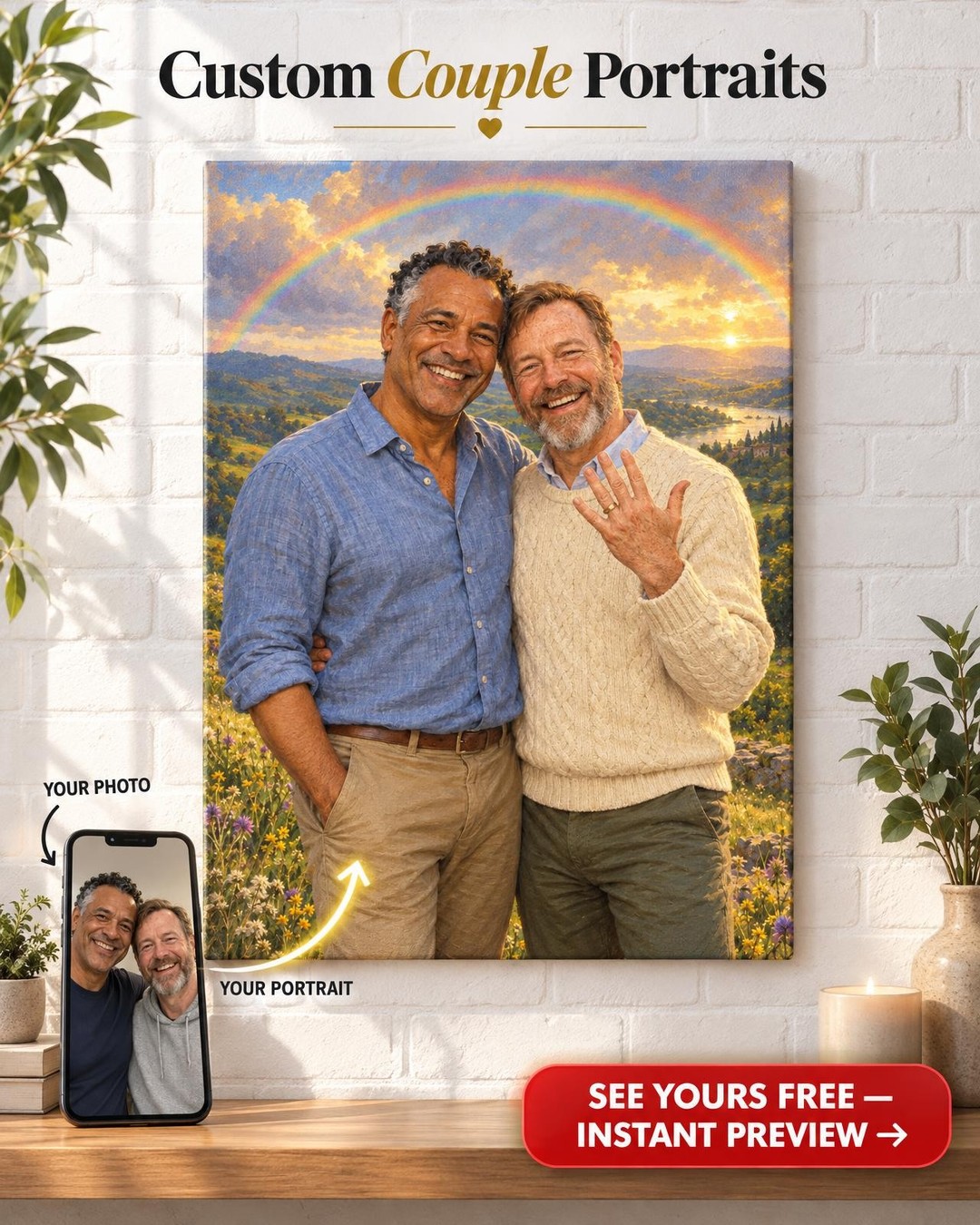 The Proposal Wildflower Hilltop Custom Portrait from Photo | Personalized LGBTQ Couple Gift