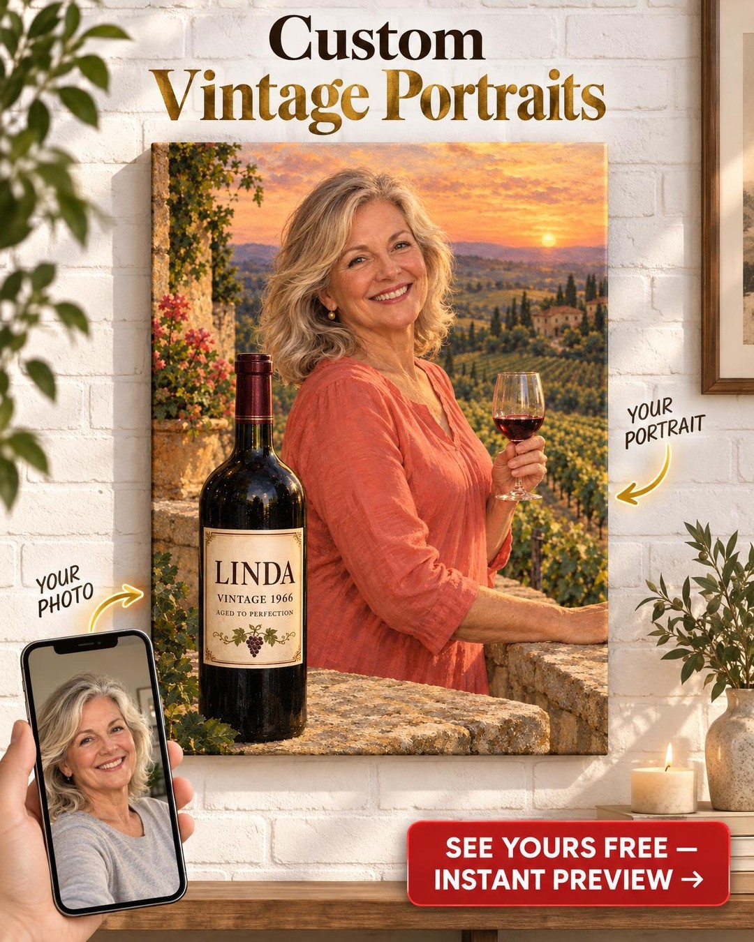 Her Vintage Year Vineyard Romance Custom Portrait from Photo | Personalized Canvas Gift