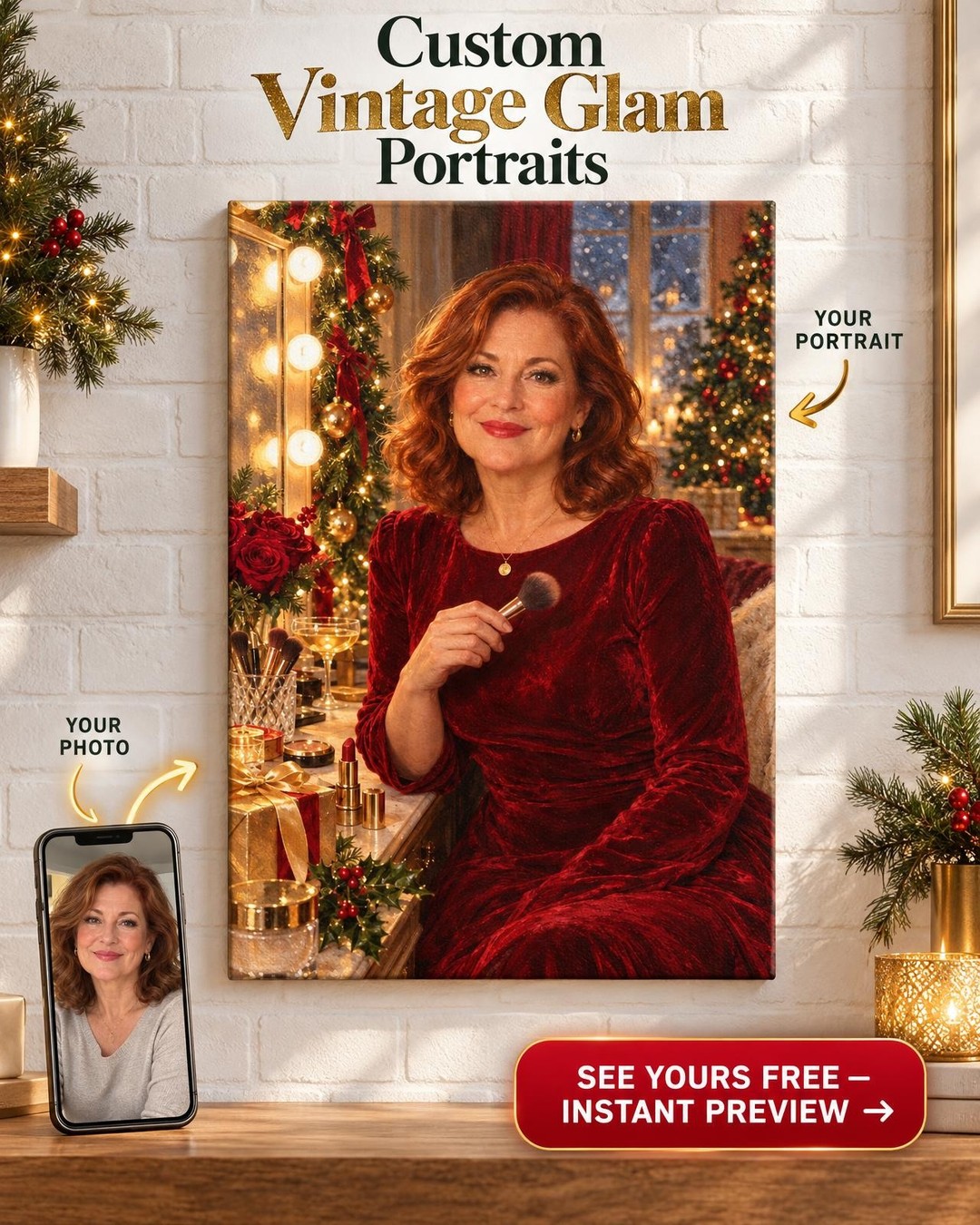 Holiday Party Glam Custom Portrait from Photo | Personalized Gift for Her