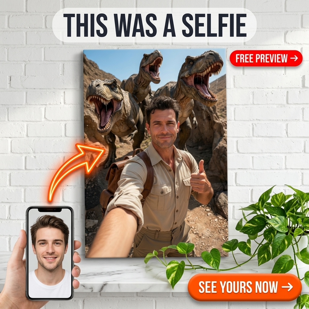 Custom Sci-Fi Man Portrait — Whimsical Dinosaur Selfie Canvas