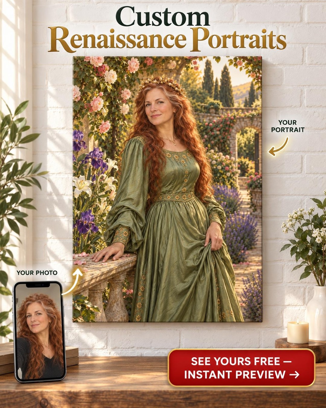 Crowned in Her Rose Garden Custom Portrait from Photo | Personalized Self Crowned Gift