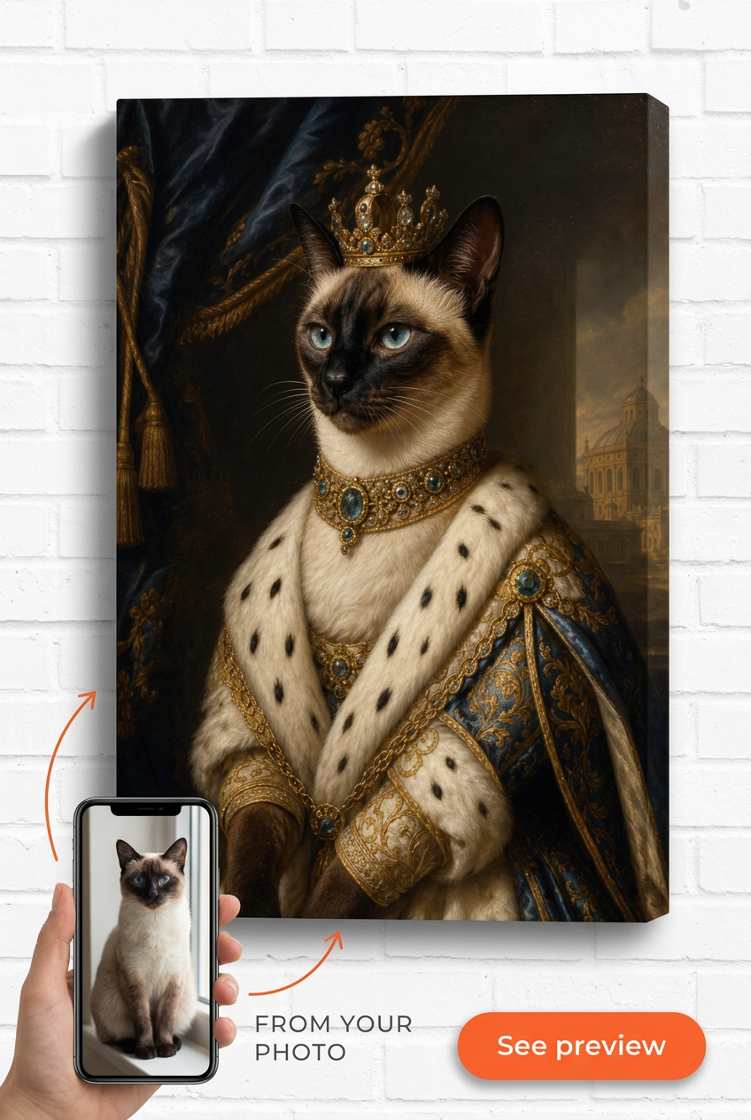 Custom Royal Pet Cat Portrait — Regal Canvas from Photo
