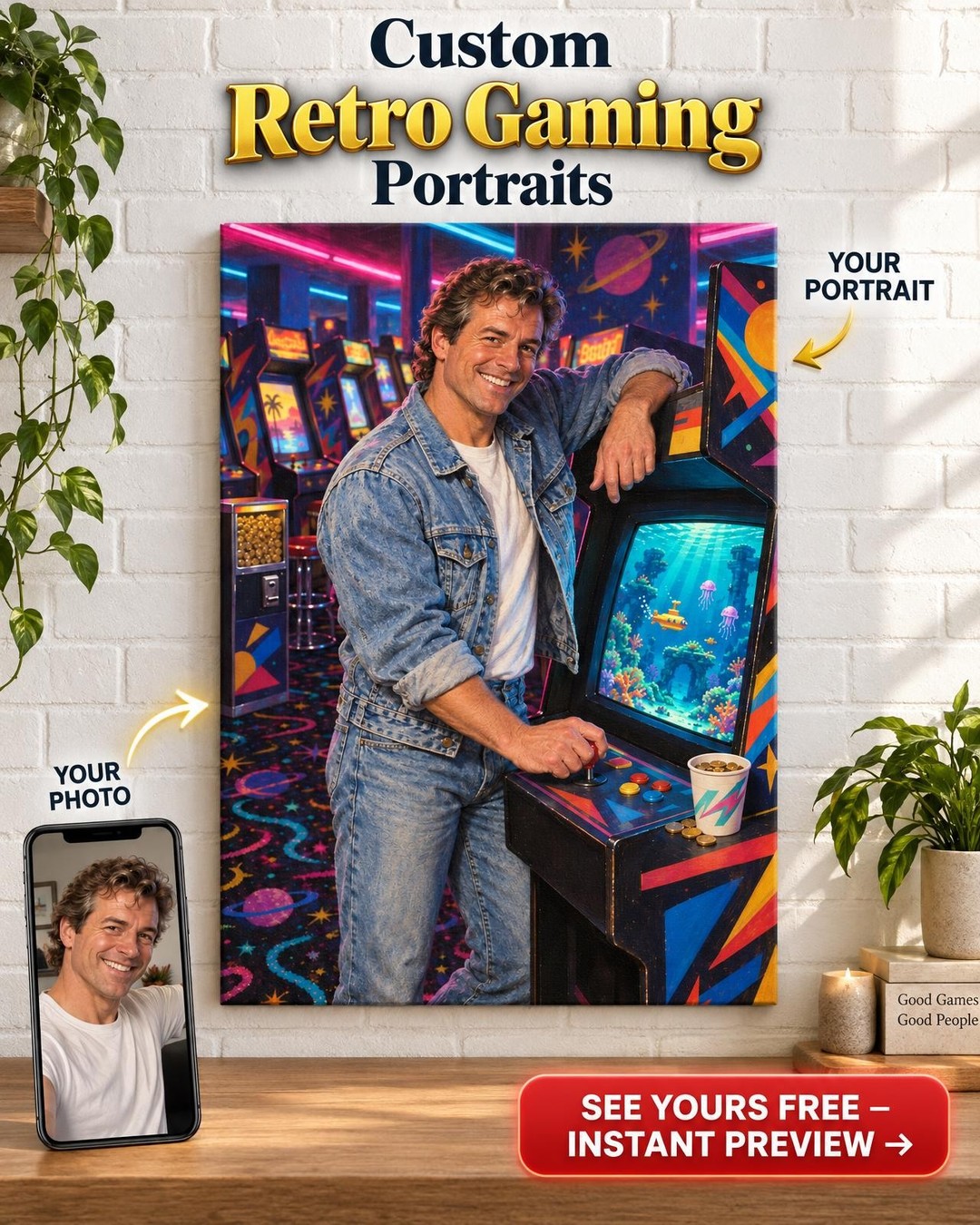 Arcade Legend Retro Gamer Custom Portrait from Photo | Personalized Retro Gamer Gift