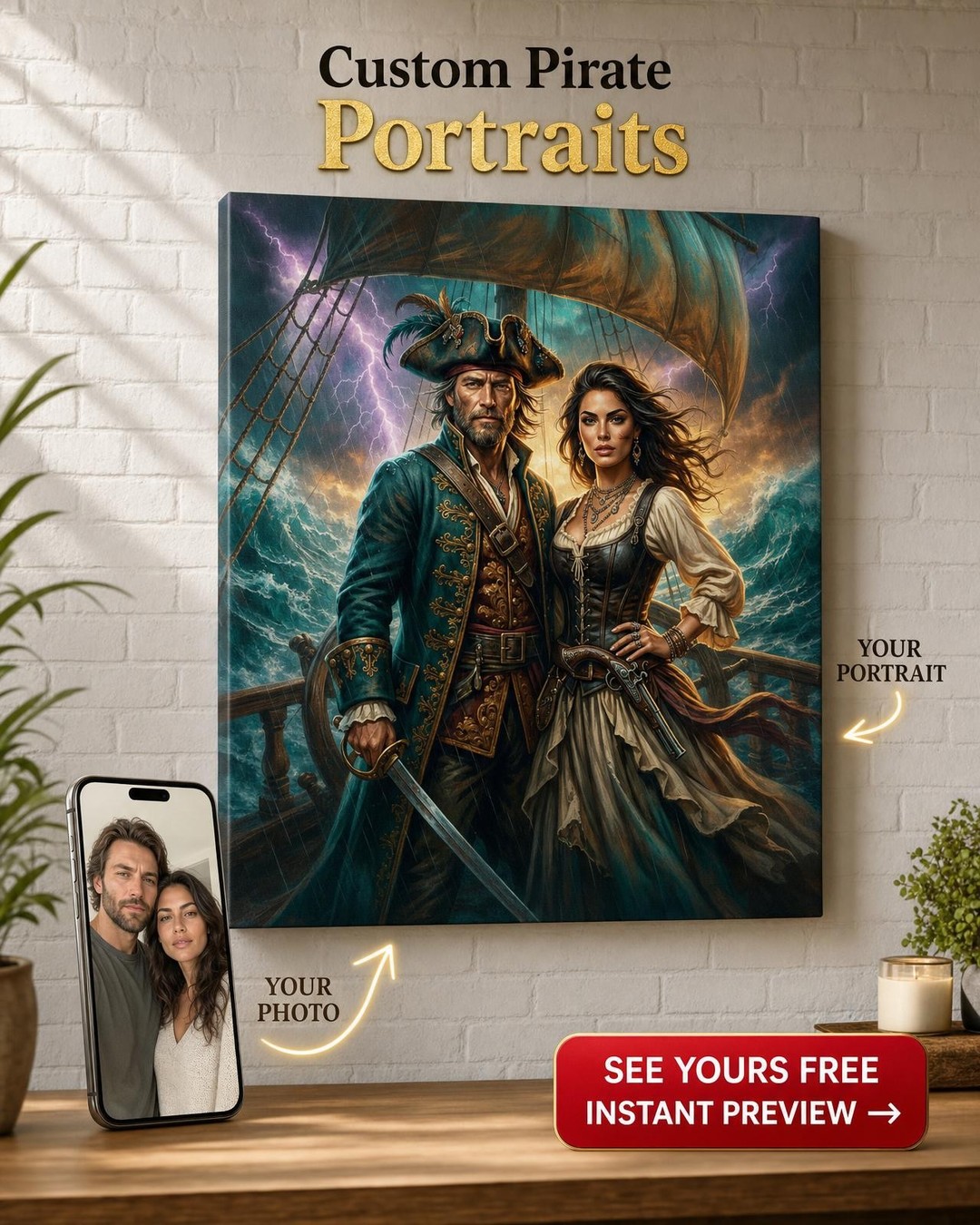 Custom Pirate Couple Portrait — Heroic Canvas