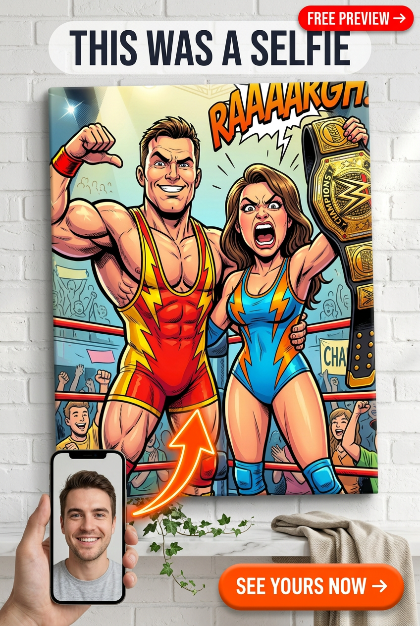 Custom Cartoon Couple Portrait — Wrestling Champion Festive Canvas