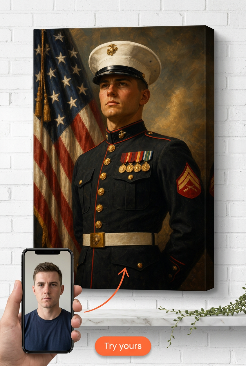 Custom Military Man Portrait — Heroic Uniform Canvas from Photo