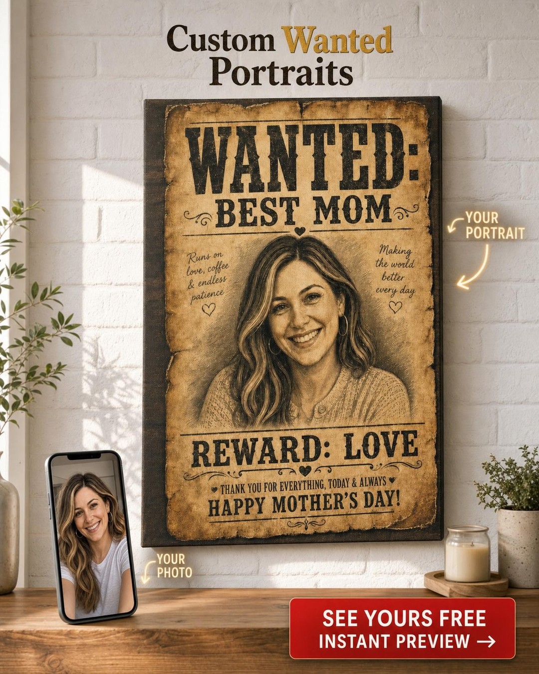 Most Wanted Mom Custom Portrait from Photo | Personalized Canvas Gift