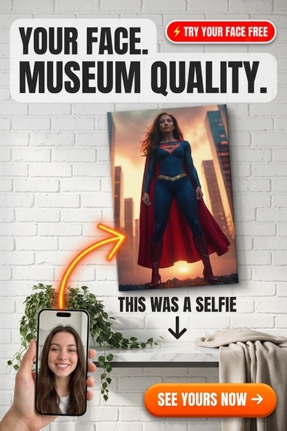 Custom Superhero Woman Portrait — Heroic City Skyline Canvas