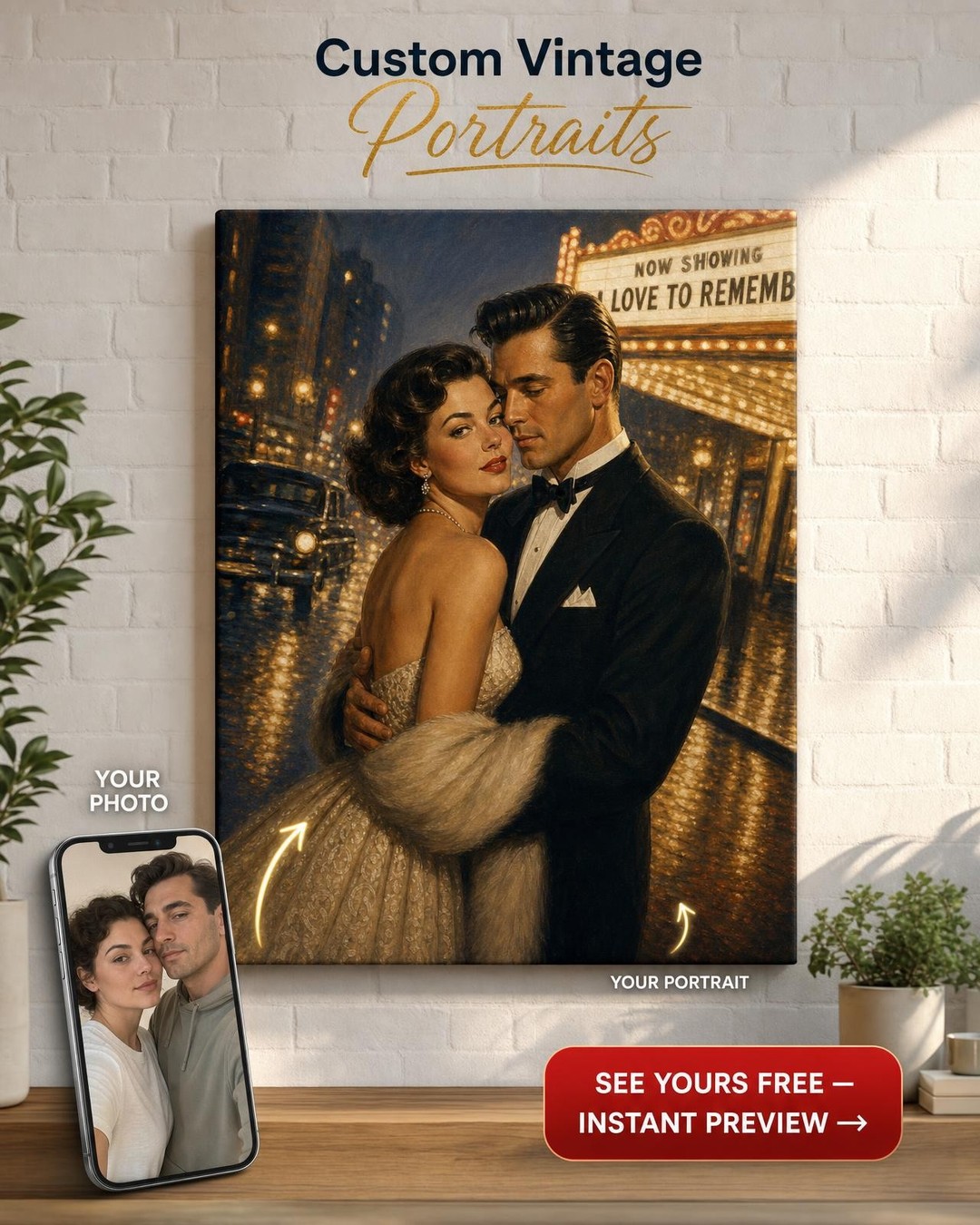 Silver Screen Romance Custom Portrait from Photo | Personalized Canvas Gift
