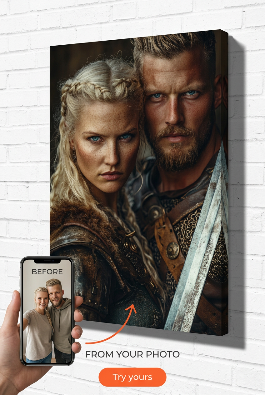 Custom Viking Couple Portrait — Heroic Armor Canvas from Photo
