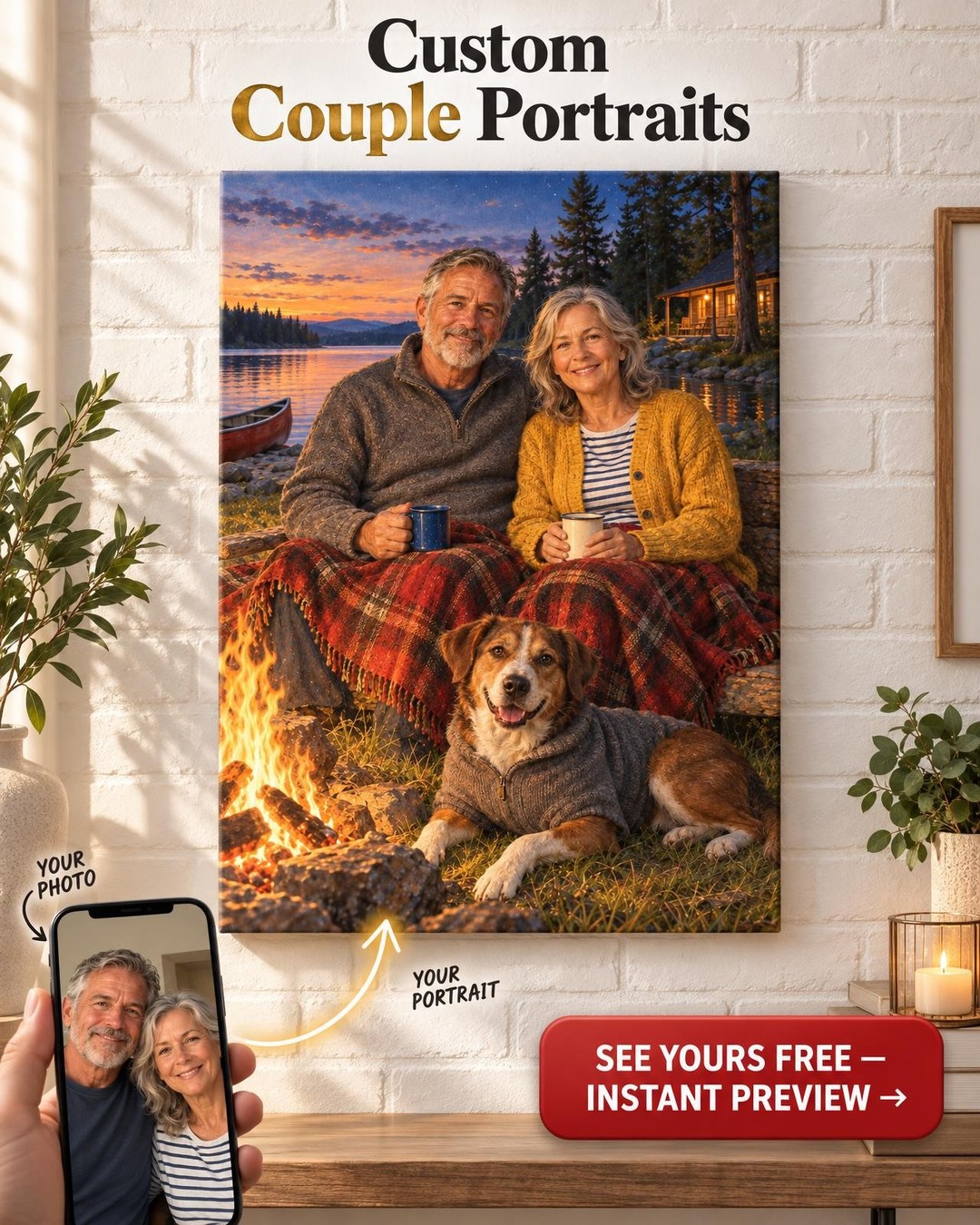 Campfire Nights at the Lake Custom Portrait from Photo | Personalized Me and My Dog Gift