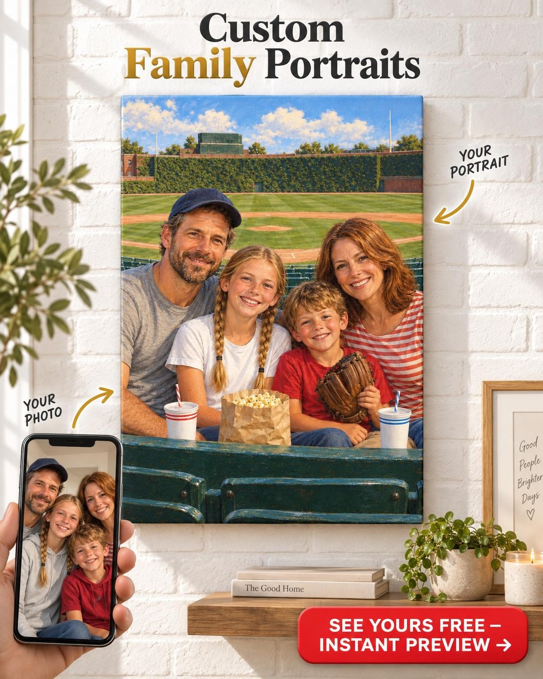 Family at the Ballpark Custom Portrait from Photo | Personalized Baseball Canvas Gift