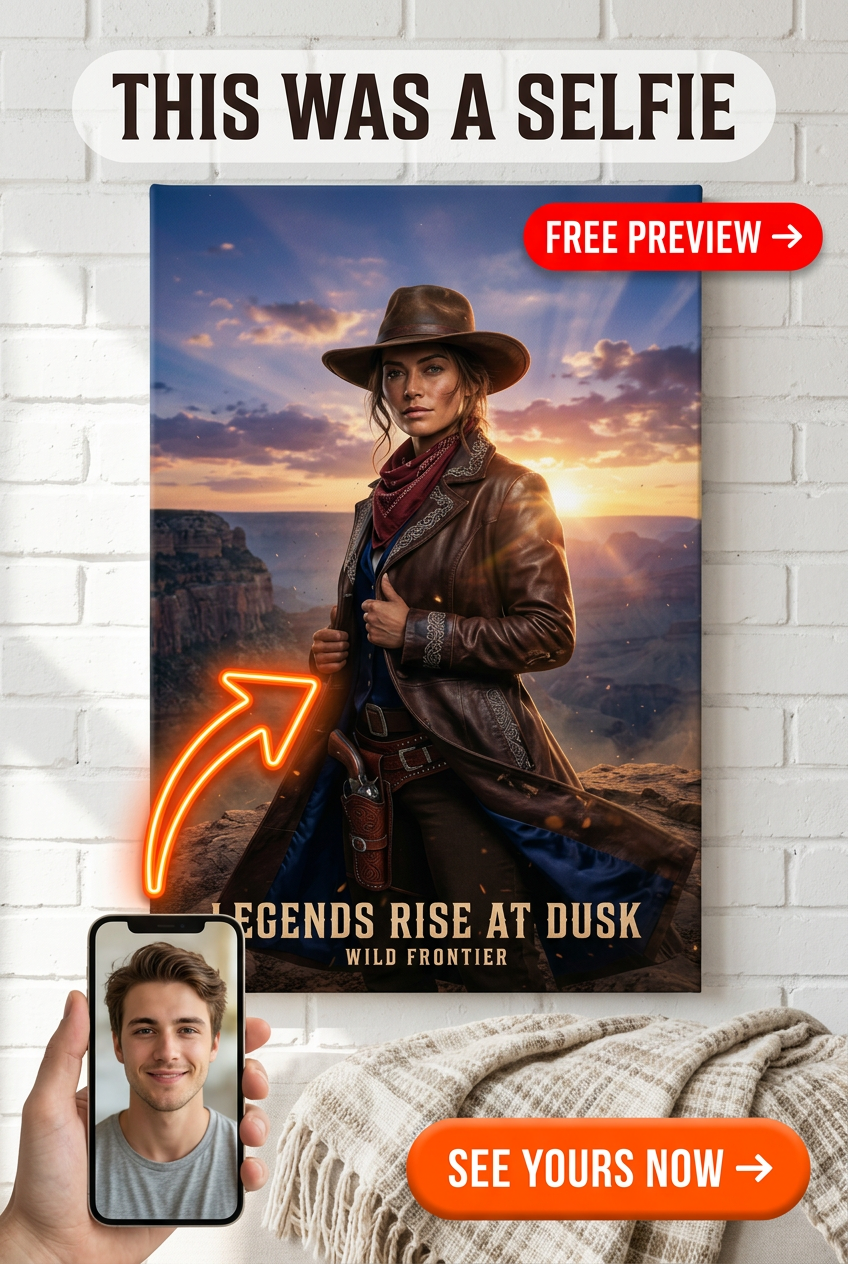 Custom Cowboy Man Portrait — Heroic Wild West Canvas from Photo