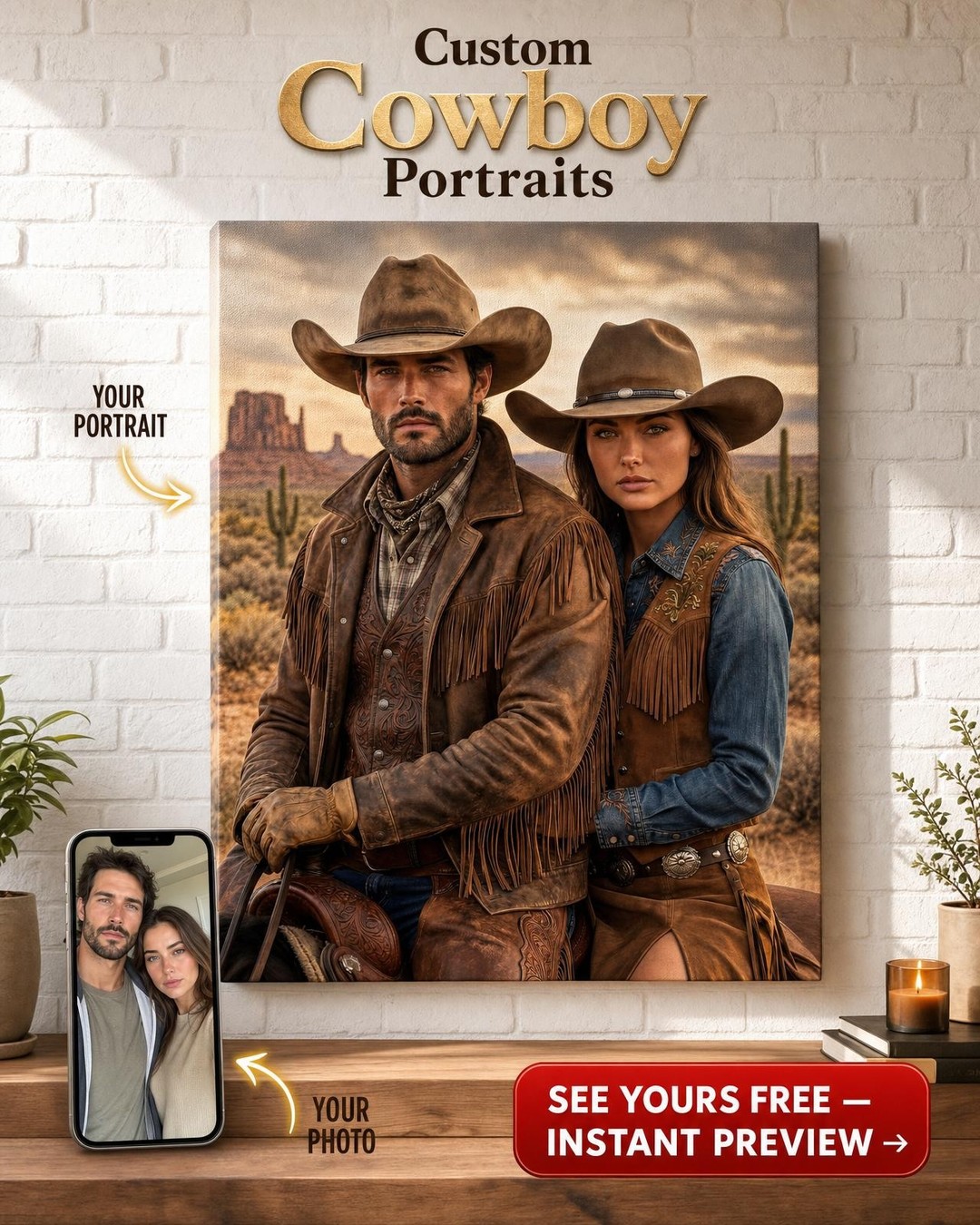Custom Cowboy Couple Portrait — Heroic Western Canvas