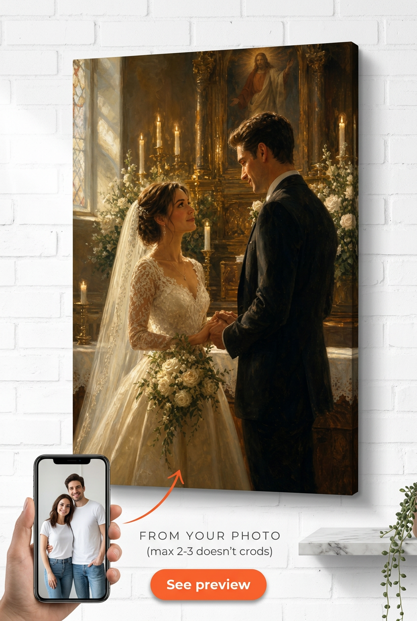 Custom Wedding Couple Portrait — Serene Altar Scene from Photo