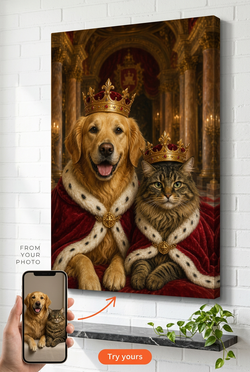 Custom Royal Pet Portrait — Regal Dog & Cat Canvas from Photo